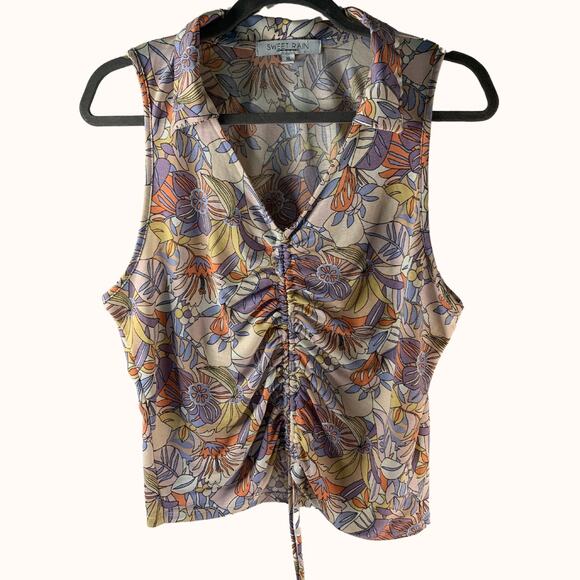 Sweet Rain Ruched Drawstring Floral Crop Top Size XL 70s Style - Picture 1 of 4